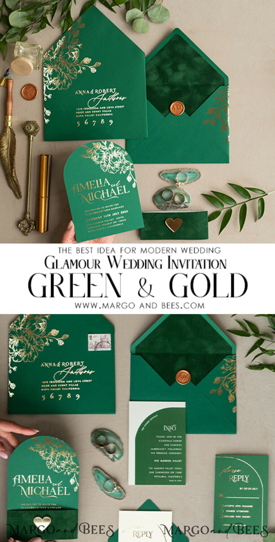 WEDDING INVITATIONS gold / rose gold / silver / glitter Arch Gold Greenery wedding invitation suite, Green Wedding Invites, Glamour Wedding Invitations, Greenery Wedding Set