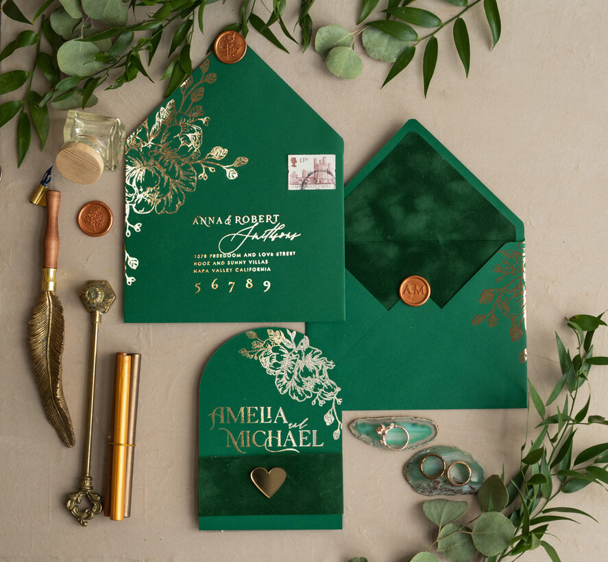 WEDDING INVITATIONS gold / rose gold / silver / glitter Arch Gold Greenery wedding invitation suite, Green Wedding Invites, Glamour Wedding Invitations, Greenery Wedding Set