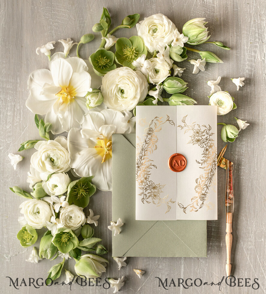 WEDDING INVITATIONS gold / rose gold / silver / glitter Bespoke Sage Green Acrylic wedding invitations, Glamour Gold Wedding Invitations • Golden Wax Seal Wedding Invitation Suite • Luxury Wedding Cards Sage Green Gold