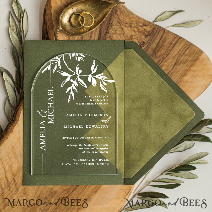 WEDDING INVITATIONS gold / rose gold / silver / glitter Arch Olive Wedding invitations cards, Luxury acrylic Tuscany Wedding Invitations, olive green Wedding Invitation Suite 