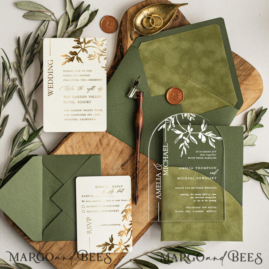 WEDDING INVITATIONS gold / rose gold / silver / glitter Arch Olive Wedding invitations cards, Luxury acrylic Tuscany Wedding Invitations, olive green Wedding Invitation Suite 