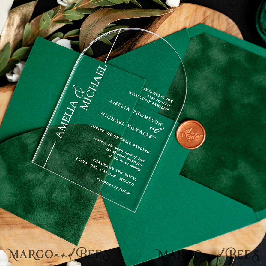 WEDDING INVITATIONS gold / rose gold / silver / glitter Green Arch Wedding invitations, Luxury Pocket Velvet Wedding Invitations • Glamour Gold Wedding Invitation Suite • Acrylic Greenery  Wedding Cards