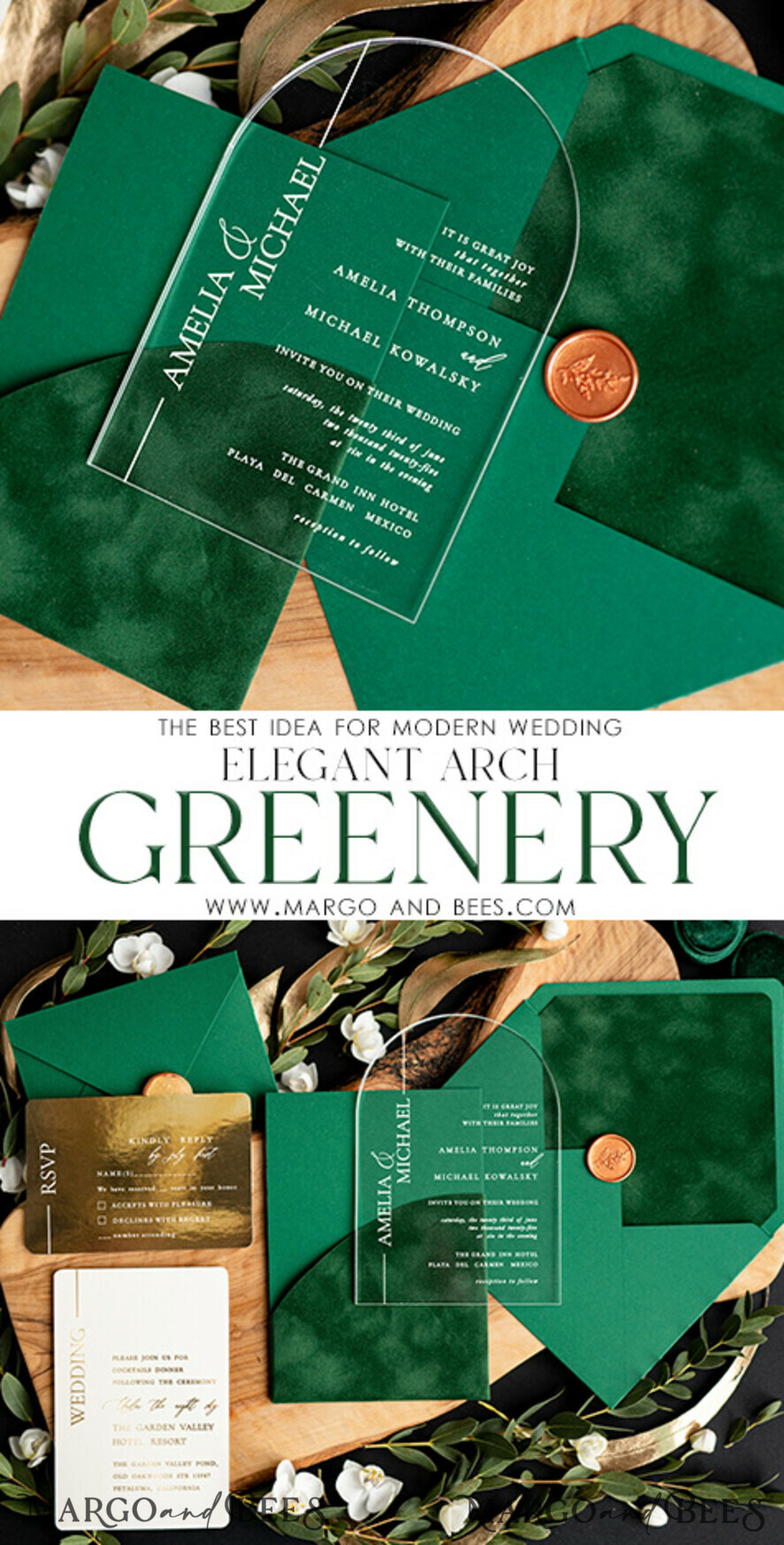 WEDDING INVITATIONS gold / rose gold / silver / glitter Green Arch Wedding invitations, Luxury Pocket Velvet Wedding Invitations • Glamour Gold Wedding Invitation Suite • Acrylic Greenery  Wedding Cards