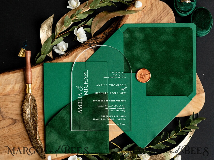WEDDING INVITATIONS gold / rose gold / silver / glitter Green Arch Wedding invitations, Luxury Pocket Velvet Wedding Invitations • Glamour Gold Wedding Invitation Suite • Acrylic Greenery  Wedding Cards