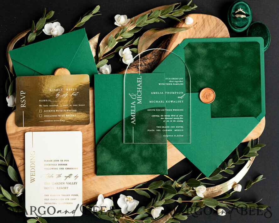 WEDDING INVITATIONS gold / rose gold / silver / glitter Green Arch Wedding invitations, Luxury Pocket Velvet Wedding Invitations • Glamour Gold Wedding Invitation Suite • Acrylic Greenery  Wedding Cards