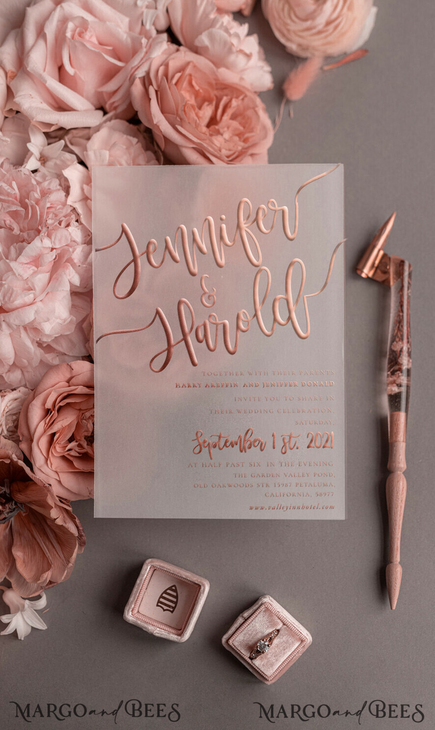 Luxury Rose Gold Wedding Invitations, Glamour Pink Glitter Wedding Invites,  Elegant White Vellum Wedding Cards, Romantic Blush Pink Wedding Invitation  