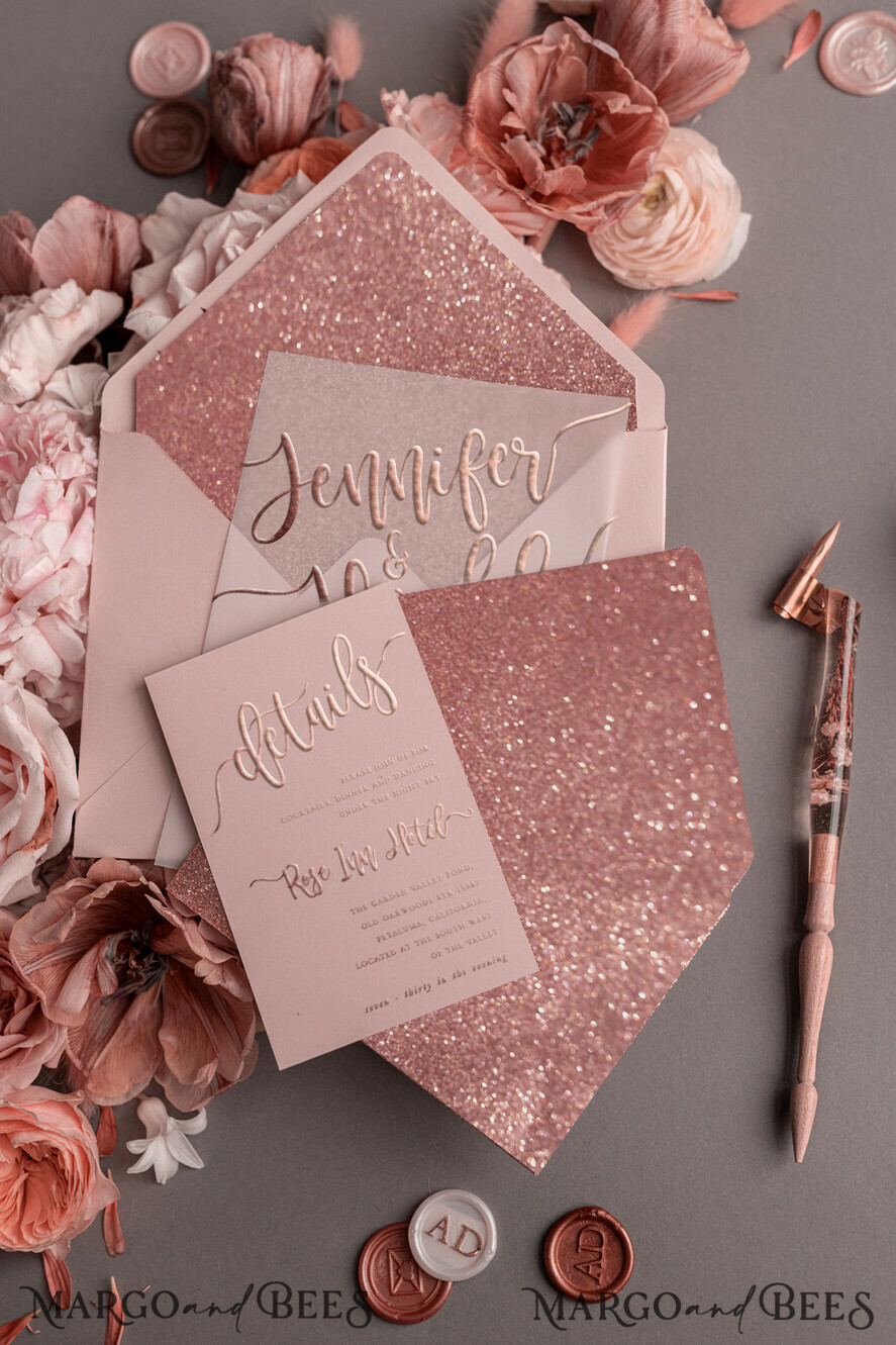 Luxury Rose Gold Wedding Invitations, Glamour Pink Glitter Wedding Invites,  Elegant White Vellum Wedding Cards, Romantic Blush Pink Wedding Invitation  