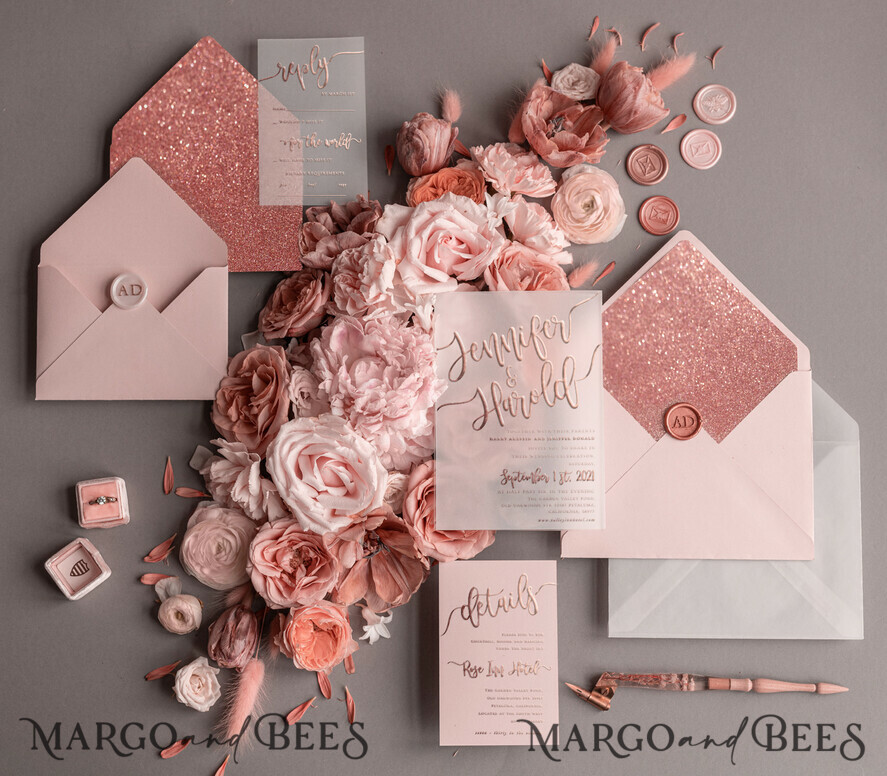 Lizzy champagne rose gold glitter and diamante wedding invitation sets 