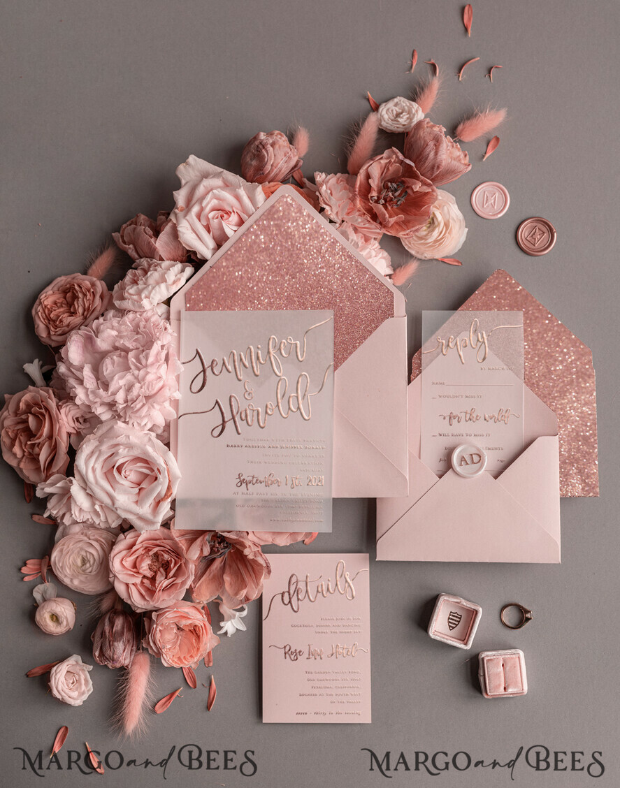 Rose Gold Glitter Wedding Evening Invitations with Rsvp ♡ PERSONALISED 