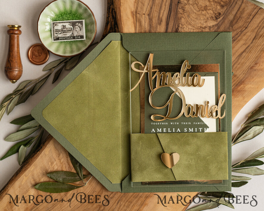 WEDDING INVITATIONS gold / rose gold / silver / glitter Handmade wedding invitation, Glamor Acrylic Wedding Invitations, olive green Velvet Wedding Invitation Suite • Luxury Wedding Cards