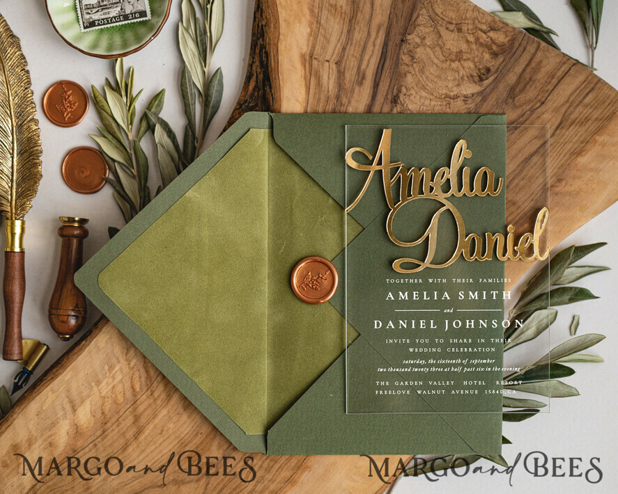 WEDDING INVITATIONS gold / rose gold / silver / glitter Handmade wedding invitation, Glamor Acrylic Wedding Invitations, olive green Velvet Wedding Invitation Suite • Luxury Wedding Cards