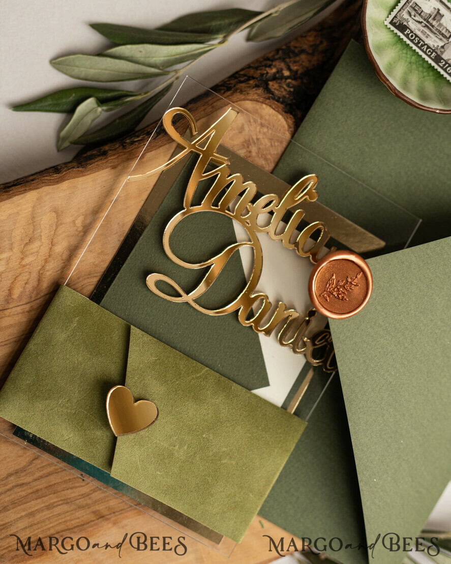 WEDDING INVITATIONS gold / rose gold / silver / glitter Handmade wedding invitation, Glamor Acrylic Wedding Invitations, olive green Velvet Wedding Invitation Suite • Luxury Wedding Cards