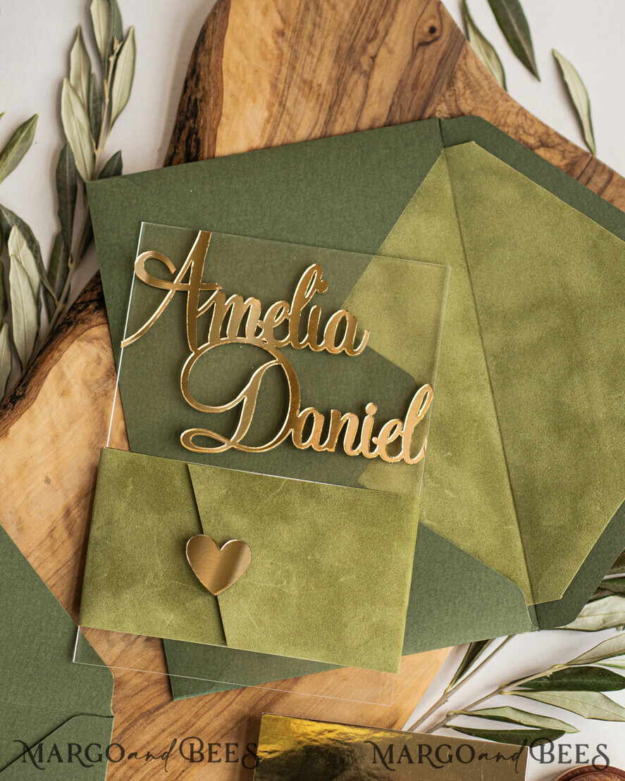 WEDDING INVITATIONS gold / rose gold / silver / glitter Handmade wedding invitation, Glamor Acrylic Wedding Invitations, olive green Velvet Wedding Invitation Suite • Luxury Wedding Cards