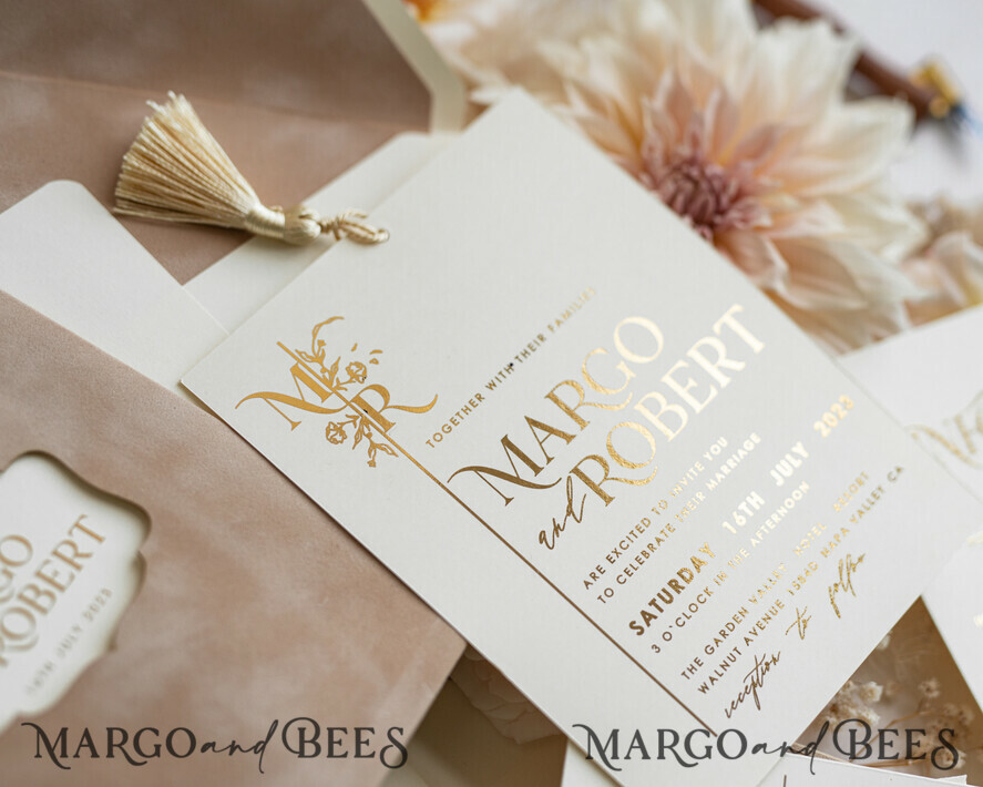 WEDDING INVITATIONS gold / rose gold / silver / glitter Custom Wedding invitations  velvet crem pocket, Elegant gold tassel Wedding Invitations, Gold Wedding Invitation Suite,  Luxury wedding Cards