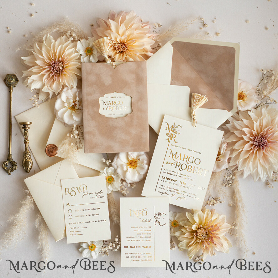 WEDDING INVITATIONS gold / rose gold / silver / glitter Custom Wedding invitations  velvet crem pocket, Elegant gold tassel Wedding Invitations, Gold Wedding Invitation Suite,  Luxury wedding Cards