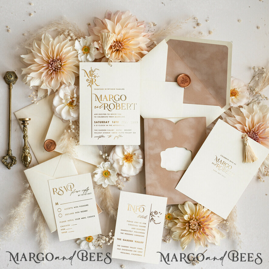 WEDDING INVITATIONS gold / rose gold / silver / glitter Custom Wedding invitations  velvet crem pocket, Elegant gold tassel Wedding Invitations, Gold Wedding Invitation Suite,  Luxury wedding Cards