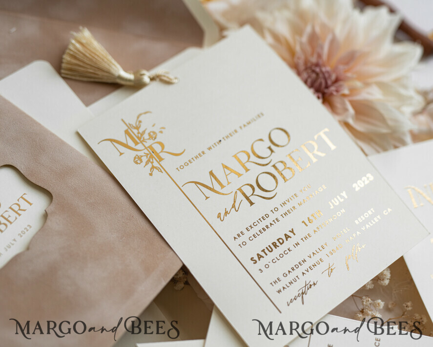WEDDING INVITATIONS gold / rose gold / silver / glitter Custom Wedding invitations  velvet crem pocket, Elegant gold tassel Wedding Invitations, Gold Wedding Invitation Suite,  Luxury wedding Cards
