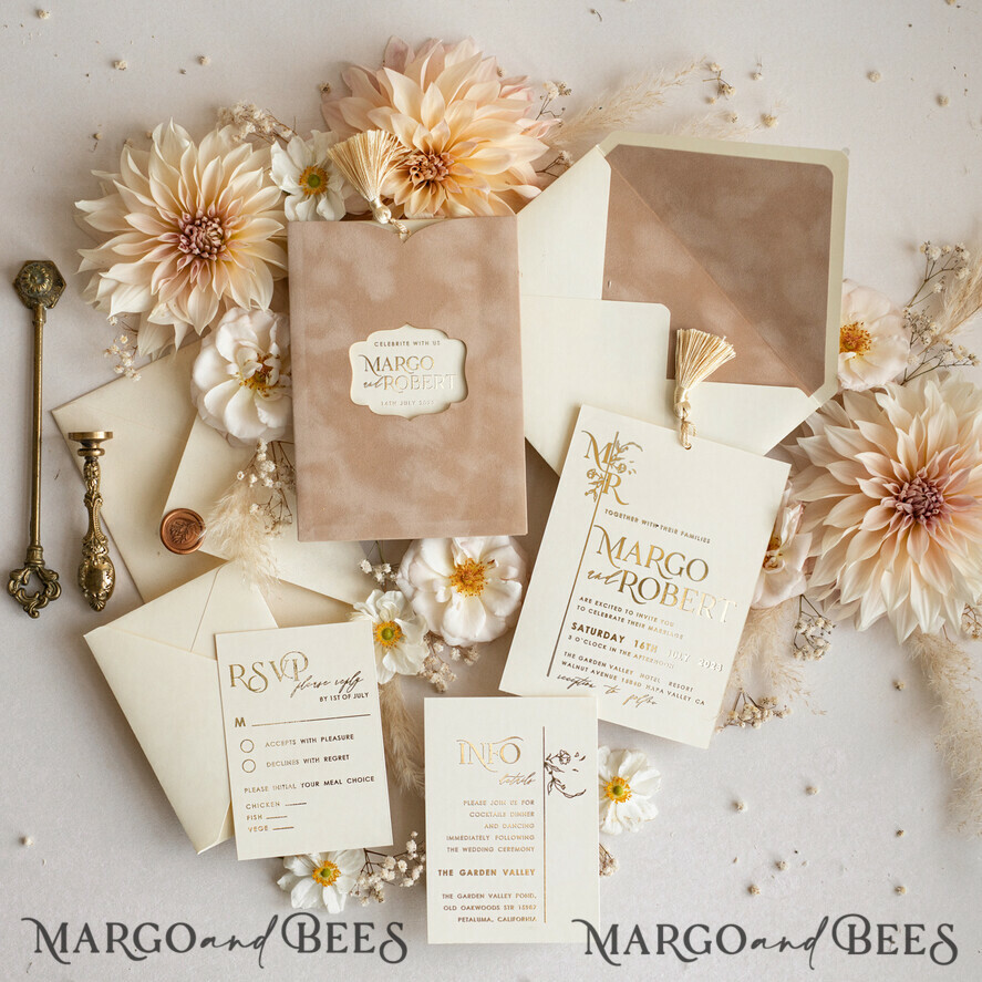 WEDDING INVITATIONS gold / rose gold / silver / glitter Custom Wedding invitations  velvet crem pocket, Elegant gold tassel Wedding Invitations, Gold Wedding Invitation Suite,  Luxury wedding Cards