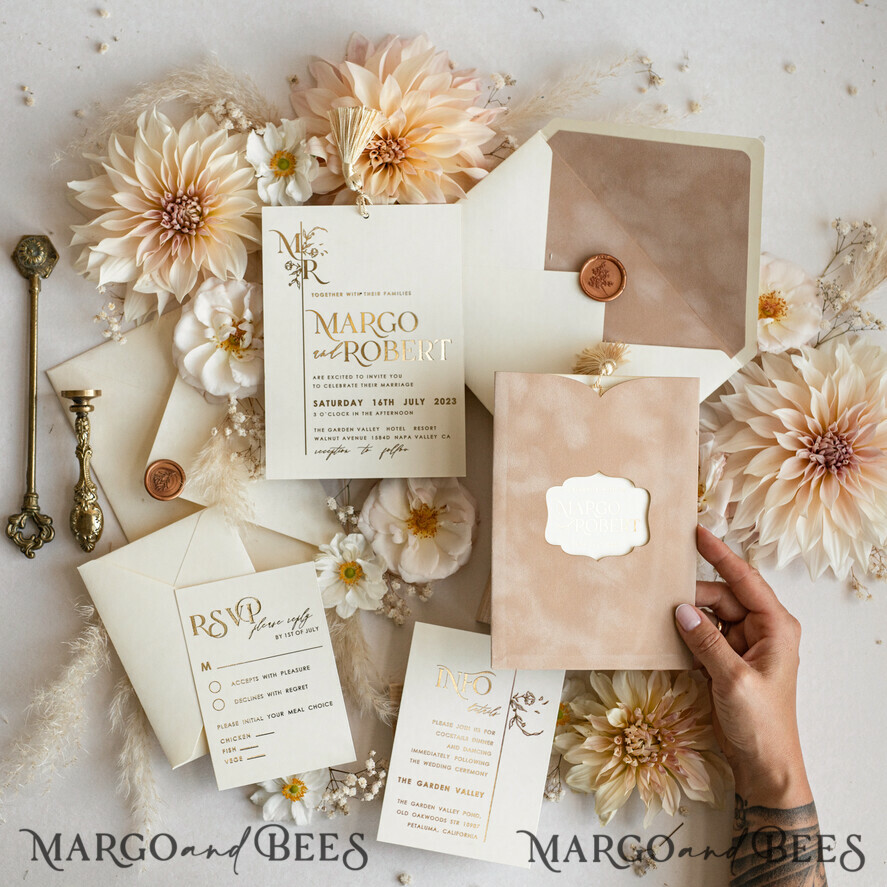 WEDDING INVITATIONS gold / rose gold / silver / glitter Custom Wedding invitations  velvet crem pocket, Elegant gold tassel Wedding Invitations, Gold Wedding Invitation Suite,  Luxury wedding Cards
