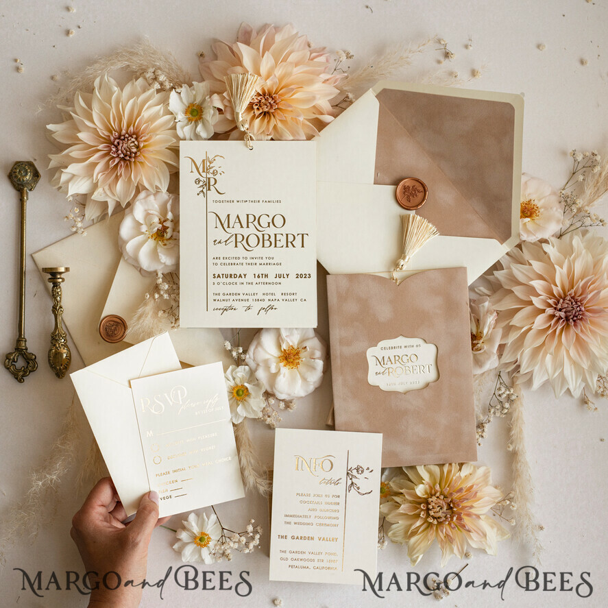 WEDDING INVITATIONS gold / rose gold / silver / glitter Custom Wedding invitations  velvet crem pocket, Elegant gold tassel Wedding Invitations, Gold Wedding Invitation Suite,  Luxury wedding Cards