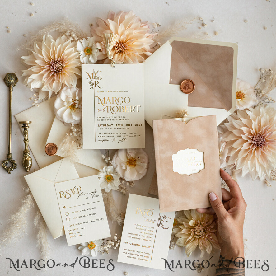 WEDDING INVITATIONS gold / rose gold / silver / glitter Custom Wedding invitations  velvet crem pocket, Elegant gold tassel Wedding Invitations, Gold Wedding Invitation Suite,  Luxury wedding Cards