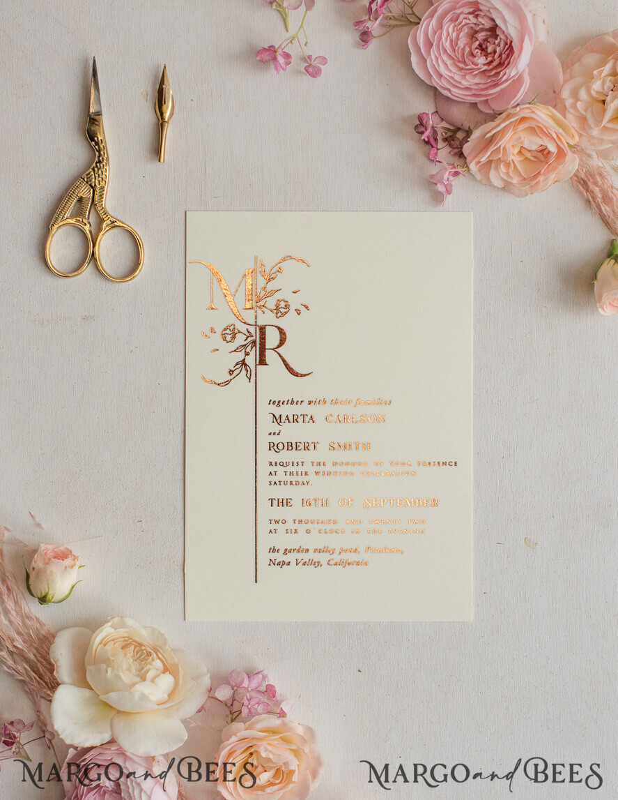 Chic faux rose gold glitter navy blue wedding invitation