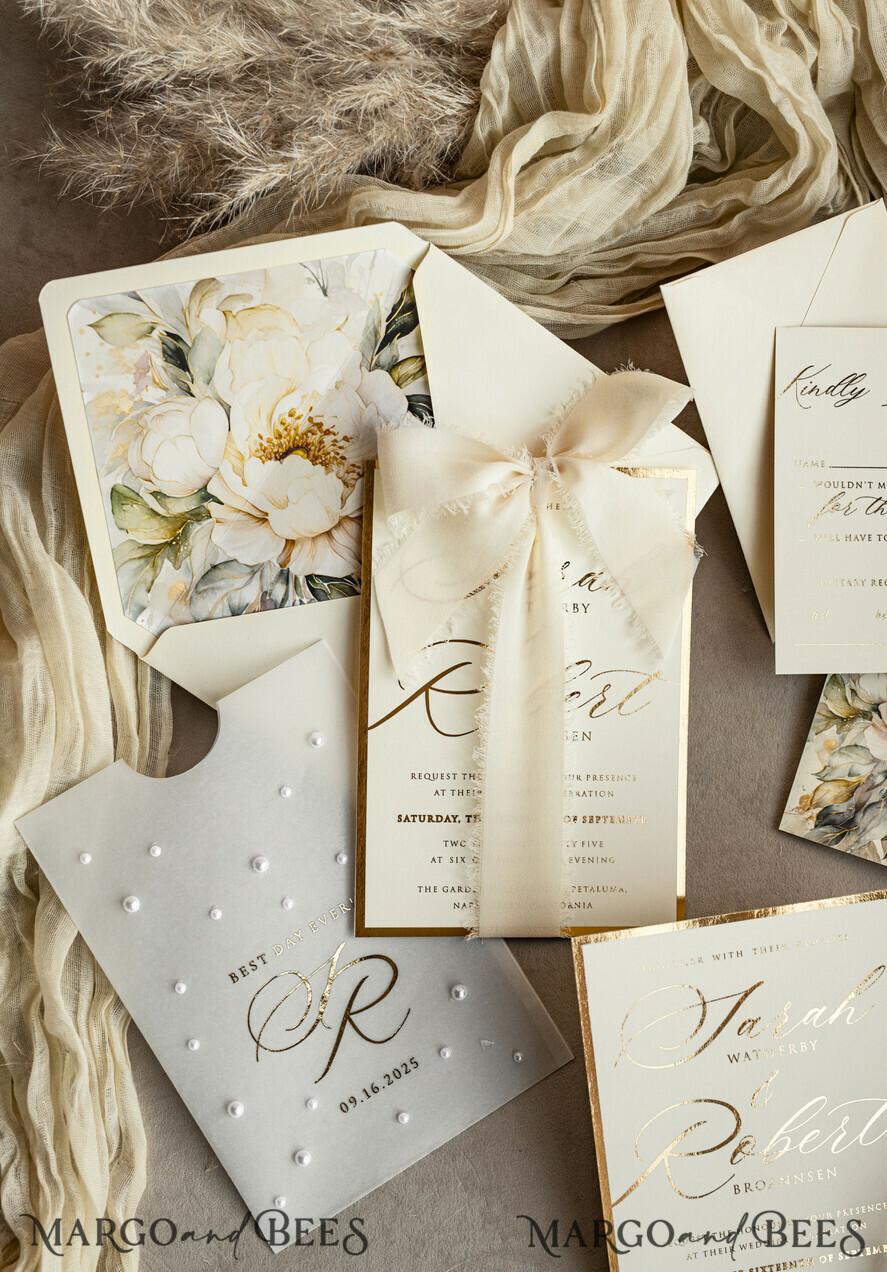 WEDDING INVITATIONS gold / rose gold / silver / glitter Ecru Chiffon bow beaded bespoke Elegant Ivory Gold Wedding Invitation Suite, White Perls Golden Wedding Cards, Elegant golden folder Wedding Stationery, Vellum etui with monogram