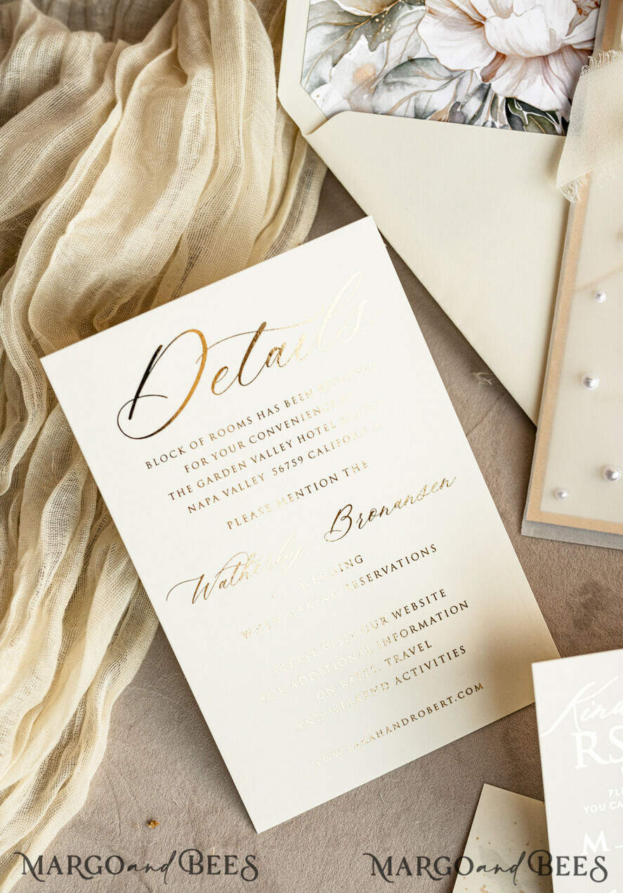 WEDDING INVITATIONS gold / rose gold / silver / glitter Ecru Chiffon bow beaded bespoke Elegant Ivory Gold Wedding Invitation Suite, White Perls Golden Wedding Cards, Elegant golden folder Wedding Stationery, Vellum etui with monogram