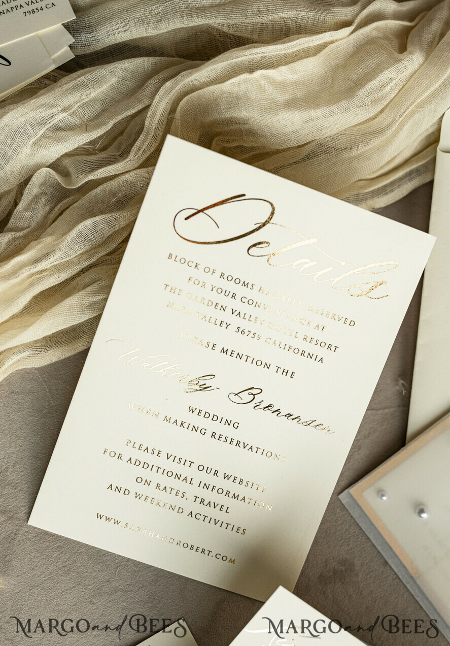 WEDDING INVITATIONS gold / rose gold / silver / glitter Ecru Chiffon bow beaded bespoke Elegant Ivory Gold Wedding Invitation Suite, White Perls Golden Wedding Cards, Elegant golden folder Wedding Stationery, Vellum etui with monogram