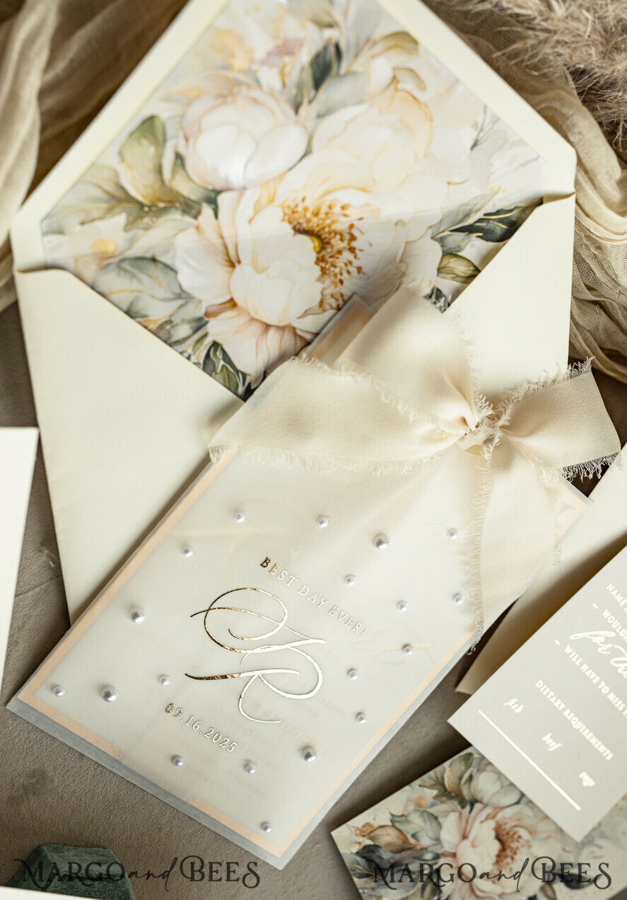 WEDDING INVITATIONS gold / rose gold / silver / glitter Ecru Chiffon bow beaded bespoke Elegant Ivory Gold Wedding Invitation Suite, White Perls Golden Wedding Cards, Elegant golden folder Wedding Stationery, Vellum etui with monogram