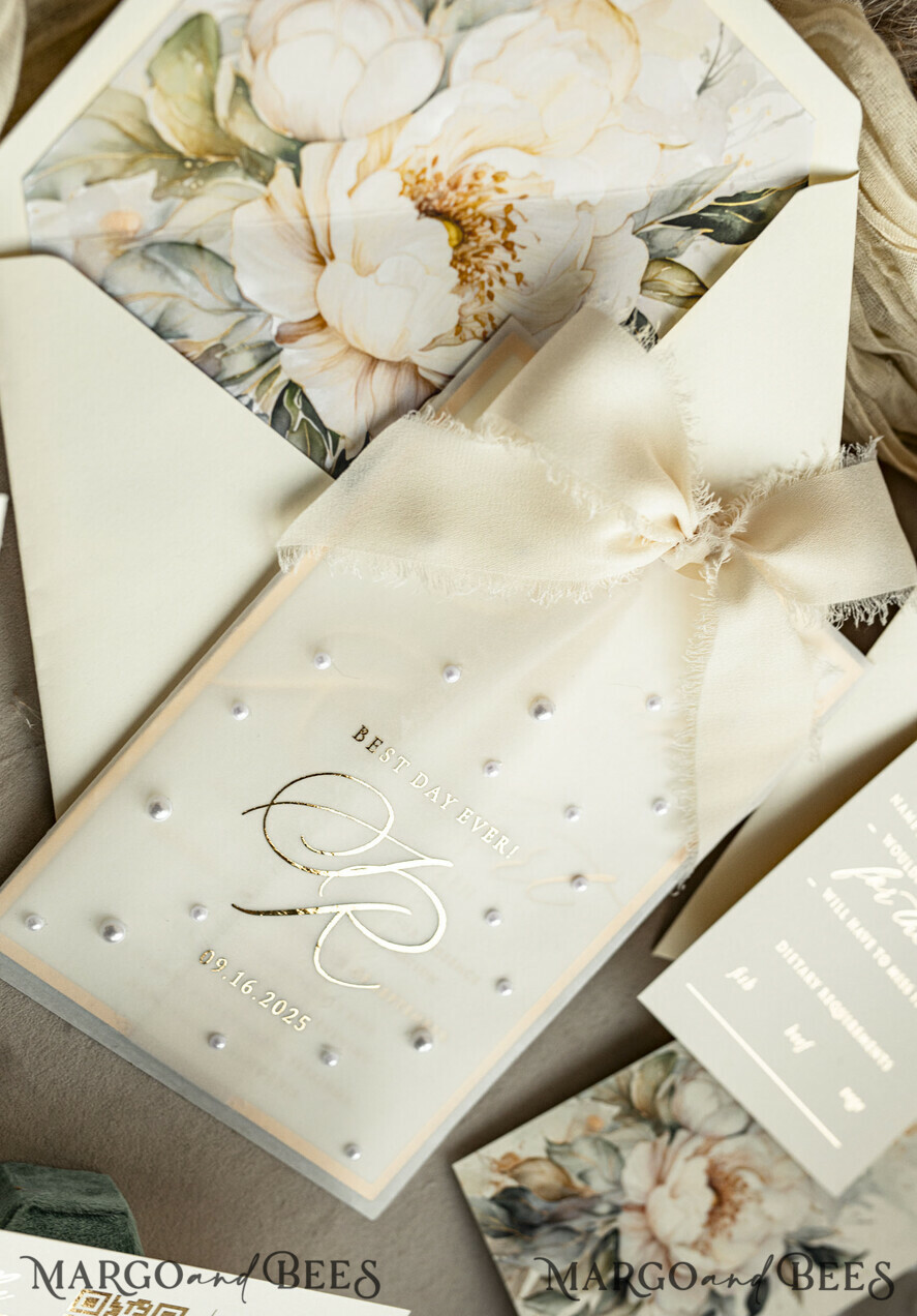 WEDDING INVITATIONS gold / rose gold / silver / glitter Ecru Chiffon bow beaded bespoke Elegant Ivory Gold Wedding Invitation Suite, White Perls Golden Wedding Cards, Elegant golden folder Wedding Stationery, Vellum etui with monogram