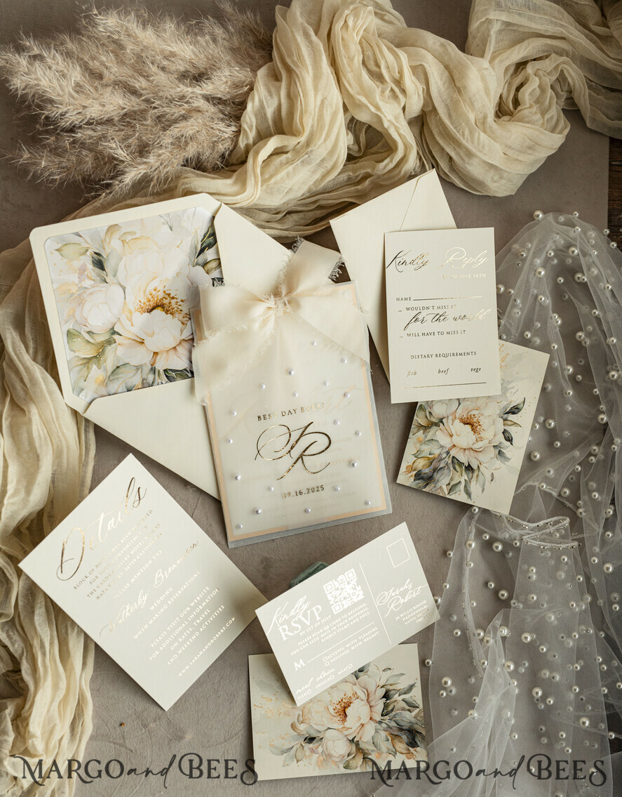 WEDDING INVITATIONS gold / rose gold / silver / glitter Ecru Chiffon bow beaded bespoke Elegant Ivory Gold Wedding Invitation Suite, White Perls Golden Wedding Cards, Elegant golden folder Wedding Stationery, Vellum etui with monogram