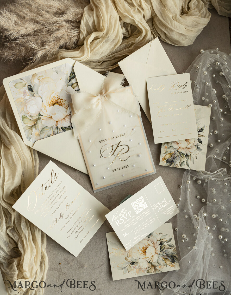 WEDDING INVITATIONS gold / rose gold / silver / glitter Ecru Chiffon bow beaded bespoke Elegant Ivory Gold Wedding Invitation Suite, White Perls Golden Wedding Cards, Elegant golden folder Wedding Stationery, Vellum etui with monogram