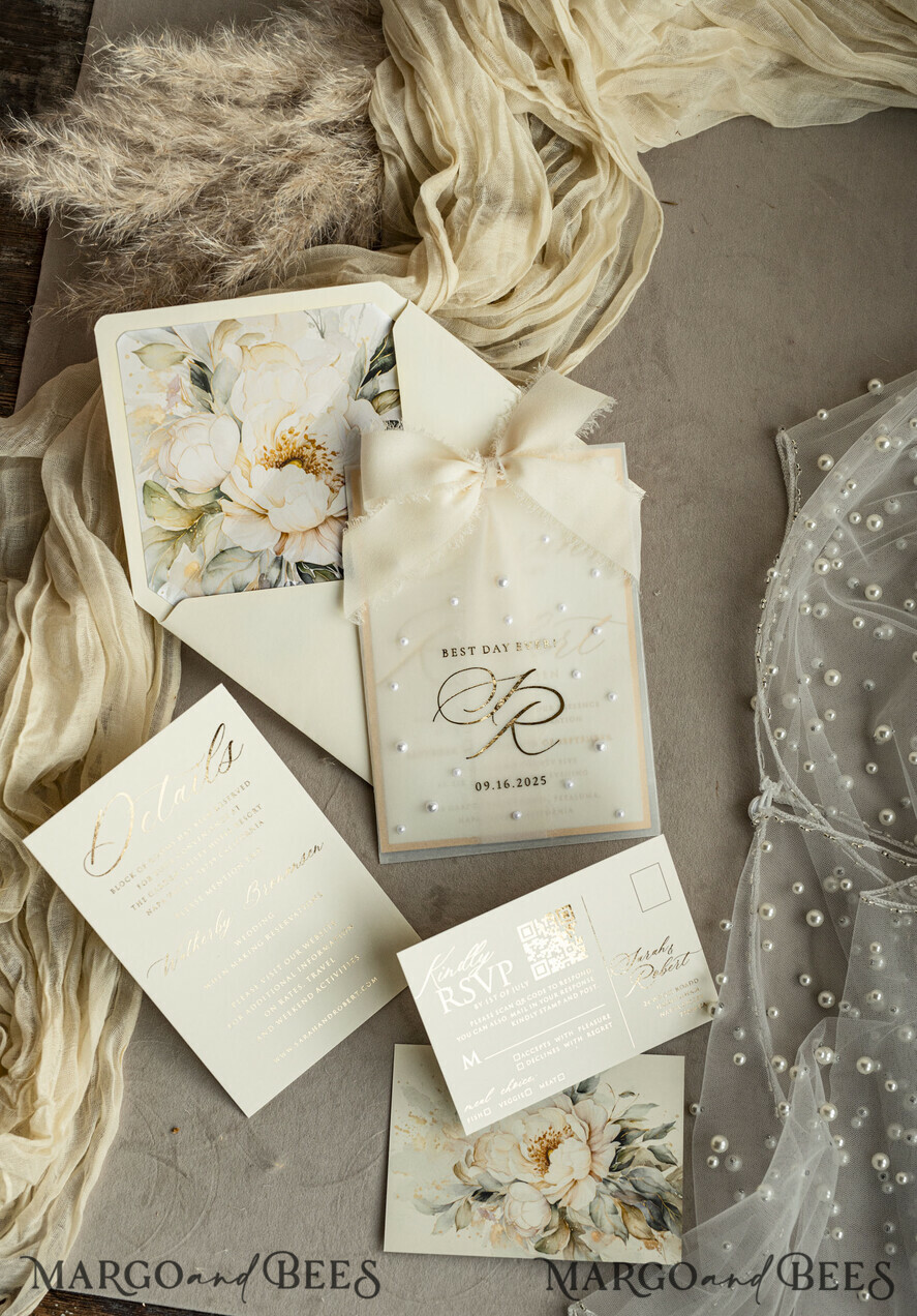 WEDDING INVITATIONS gold / rose gold / silver / glitter Ecru Chiffon bow beaded bespoke Elegant Ivory Gold Wedding Invitation Suite, White Perls Golden Wedding Cards, Elegant golden folder Wedding Stationery, Vellum etui with monogram