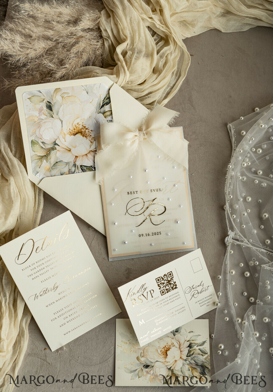 WEDDING INVITATIONS gold / rose gold / silver / glitter Ecru Chiffon bow beaded bespoke Elegant Ivory Gold Wedding Invitation Suite, White Perls Golden Wedding Cards, Elegant golden folder Wedding Stationery, Vellum etui with monogram
