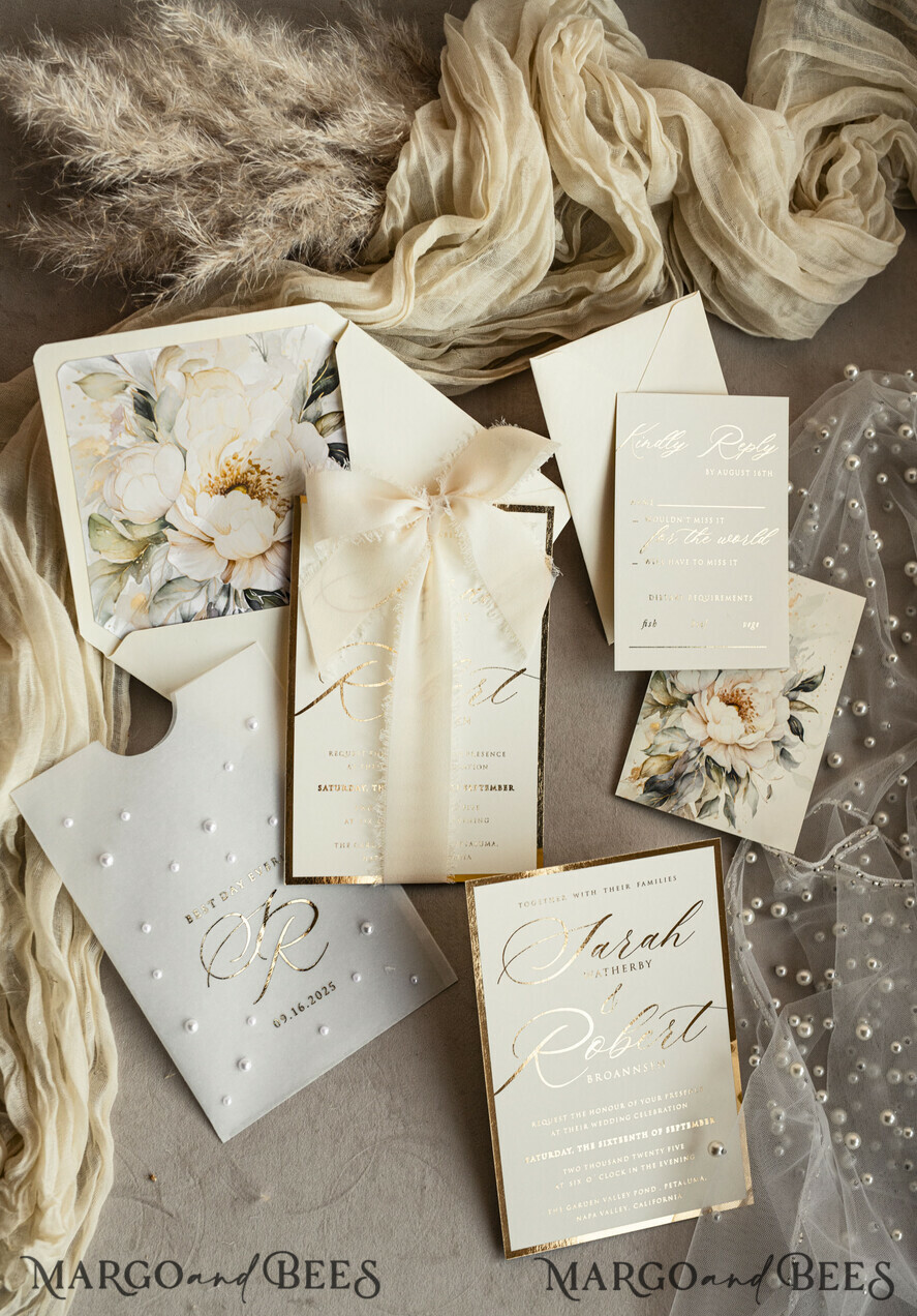 WEDDING INVITATIONS gold / rose gold / silver / glitter Ecru Chiffon bow beaded bespoke Elegant Ivory Gold Wedding Invitation Suite, White Perls Golden Wedding Cards, Elegant golden folder Wedding Stationery, Vellum etui with monogram