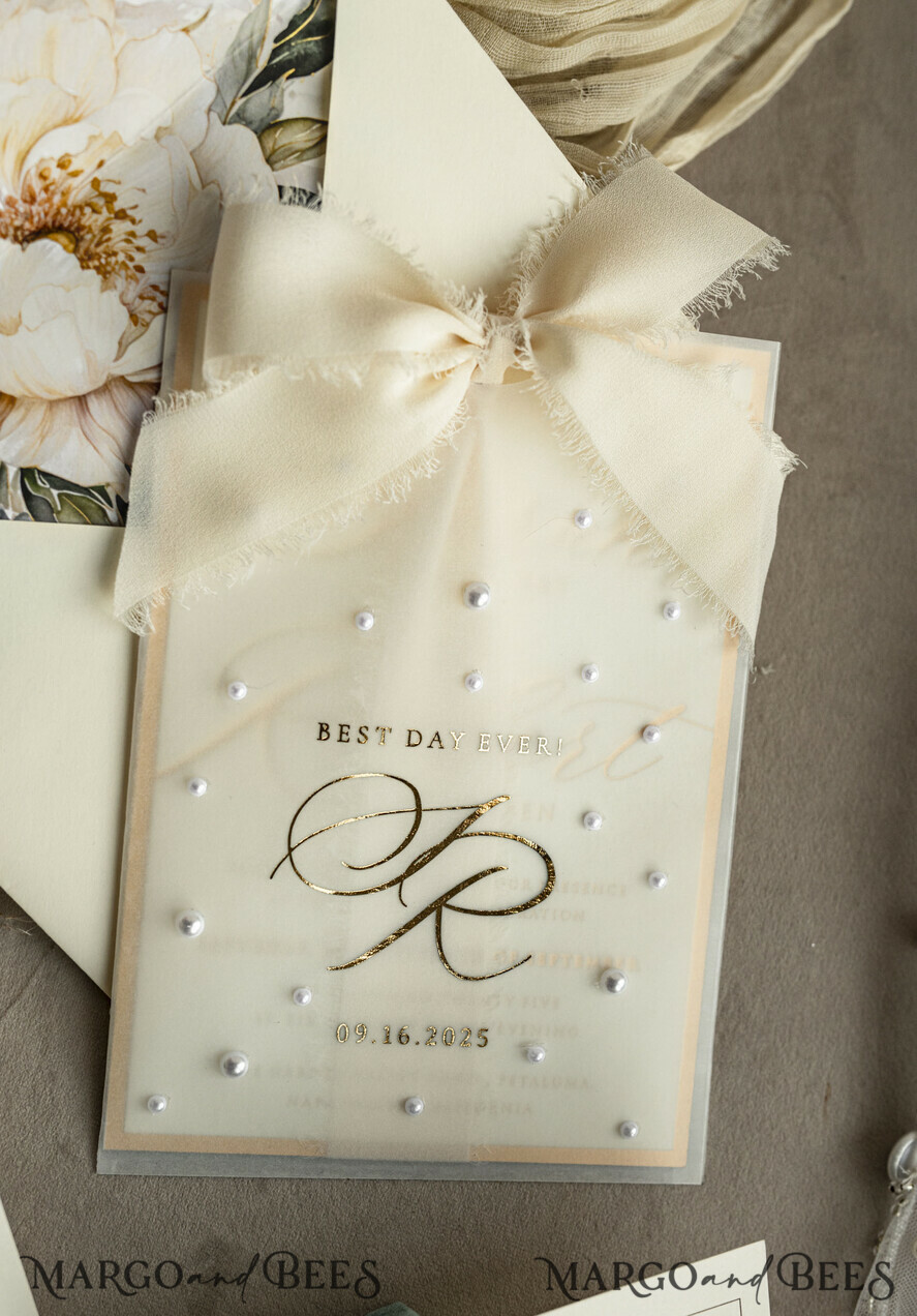 WEDDING INVITATIONS gold / rose gold / silver / glitter Ecru Chiffon bow beaded bespoke Elegant Ivory Gold Wedding Invitation Suite, White Perls Golden Wedding Cards, Elegant golden folder Wedding Stationery, Vellum etui with monogram