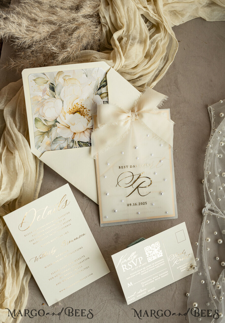WEDDING INVITATIONS gold / rose gold / silver / glitter Ecru Chiffon bow beaded bespoke Elegant Ivory Gold Wedding Invitation Suite, White Perls Golden Wedding Cards, Elegant golden folder Wedding Stationery, Vellum etui with monogram