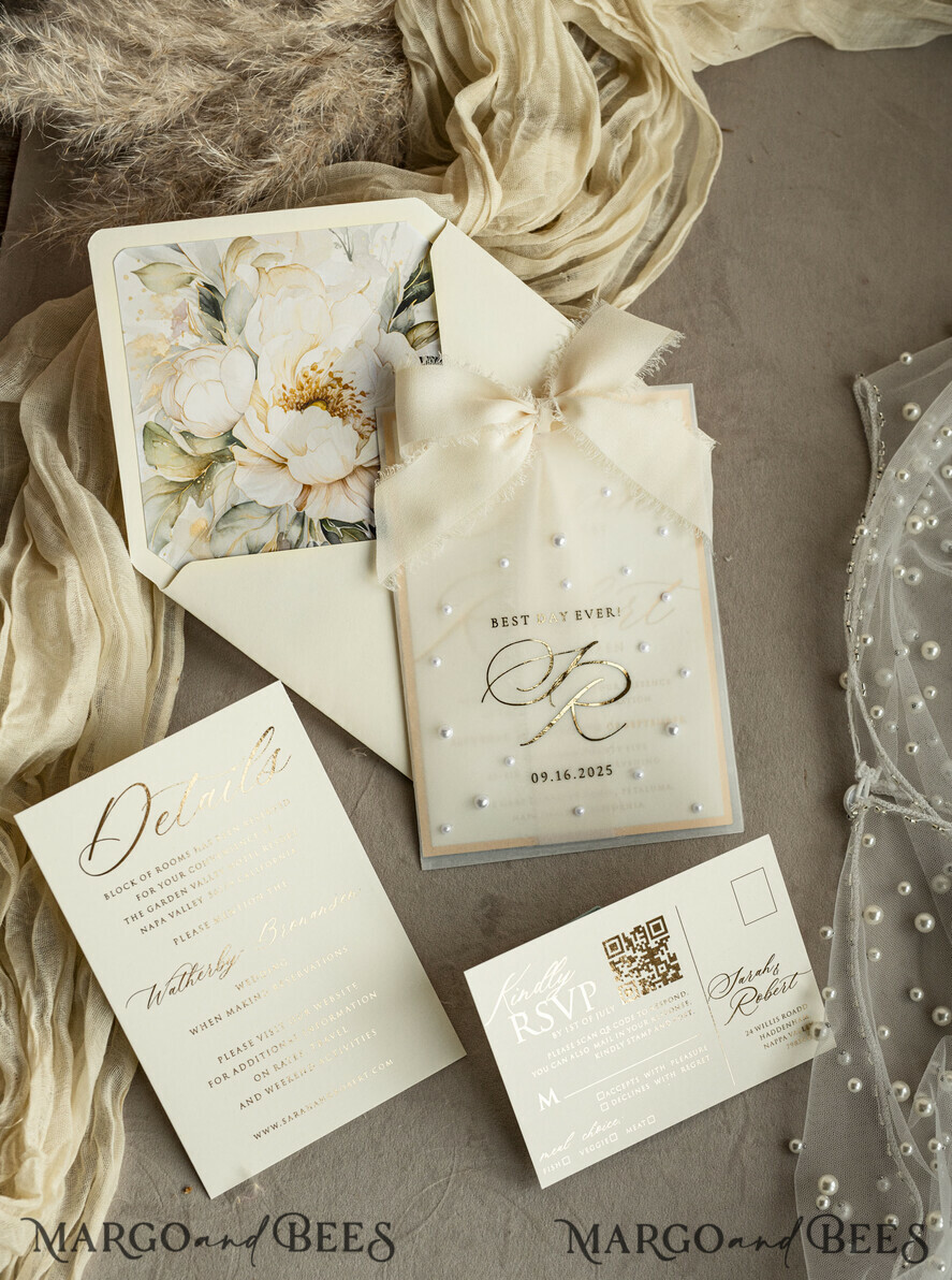 WEDDING INVITATIONS gold / rose gold / silver / glitter Ecru Chiffon bow beaded bespoke Elegant Ivory Gold Wedding Invitation Suite, White Perls Golden Wedding Cards, Elegant golden folder Wedding Stationery, Vellum etui with monogram