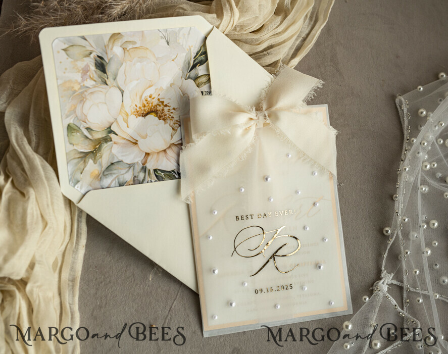 WEDDING INVITATIONS gold / rose gold / silver / glitter Ecru Chiffon bow beaded bespoke Elegant Ivory Gold Wedding Invitation Suite, White Perls Golden Wedding Cards, Elegant golden folder Wedding Stationery, Vellum etui with monogram