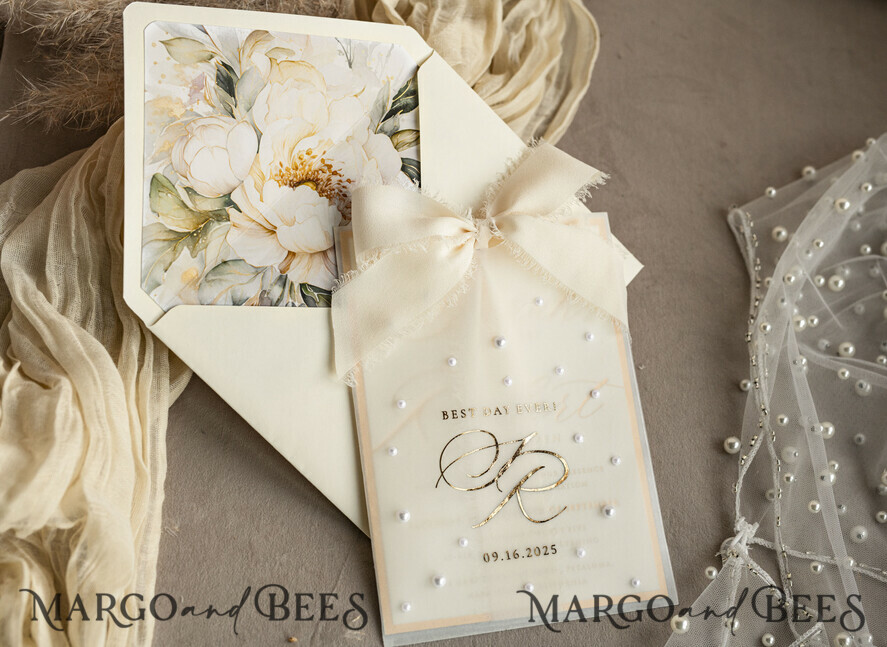 WEDDING INVITATIONS gold / rose gold / silver / glitter Ecru Chiffon bow beaded bespoke Elegant Ivory Gold Wedding Invitation Suite, White Perls Golden Wedding Cards, Elegant golden folder Wedding Stationery, Vellum etui with monogram