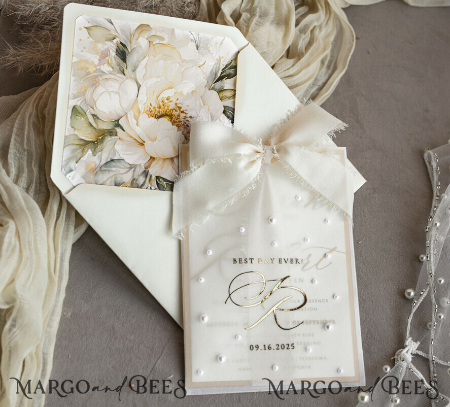WEDDING INVITATIONS gold / rose gold / silver / glitter Ecru Chiffon bow beaded bespoke Elegant Ivory Gold Wedding Invitation Suite, White Perls Golden Wedding Cards, Elegant golden folder Wedding Stationery, Vellum etui with monogram