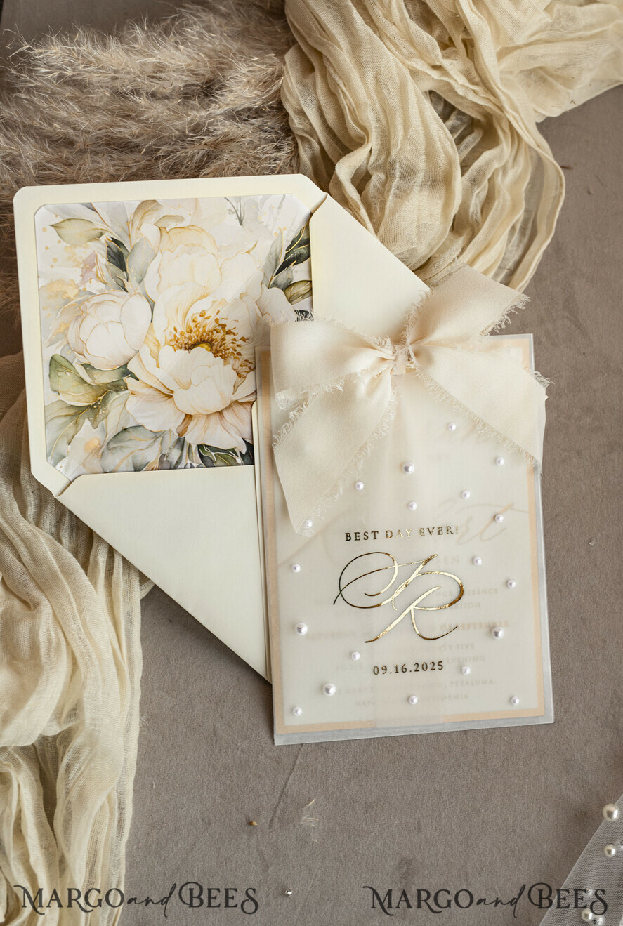 WEDDING INVITATIONS gold / rose gold / silver / glitter Ecru Chiffon bow beaded bespoke Elegant Ivory Gold Wedding Invitation Suite, White Perls Golden Wedding Cards, Elegant golden folder Wedding Stationery, Vellum etui with monogram