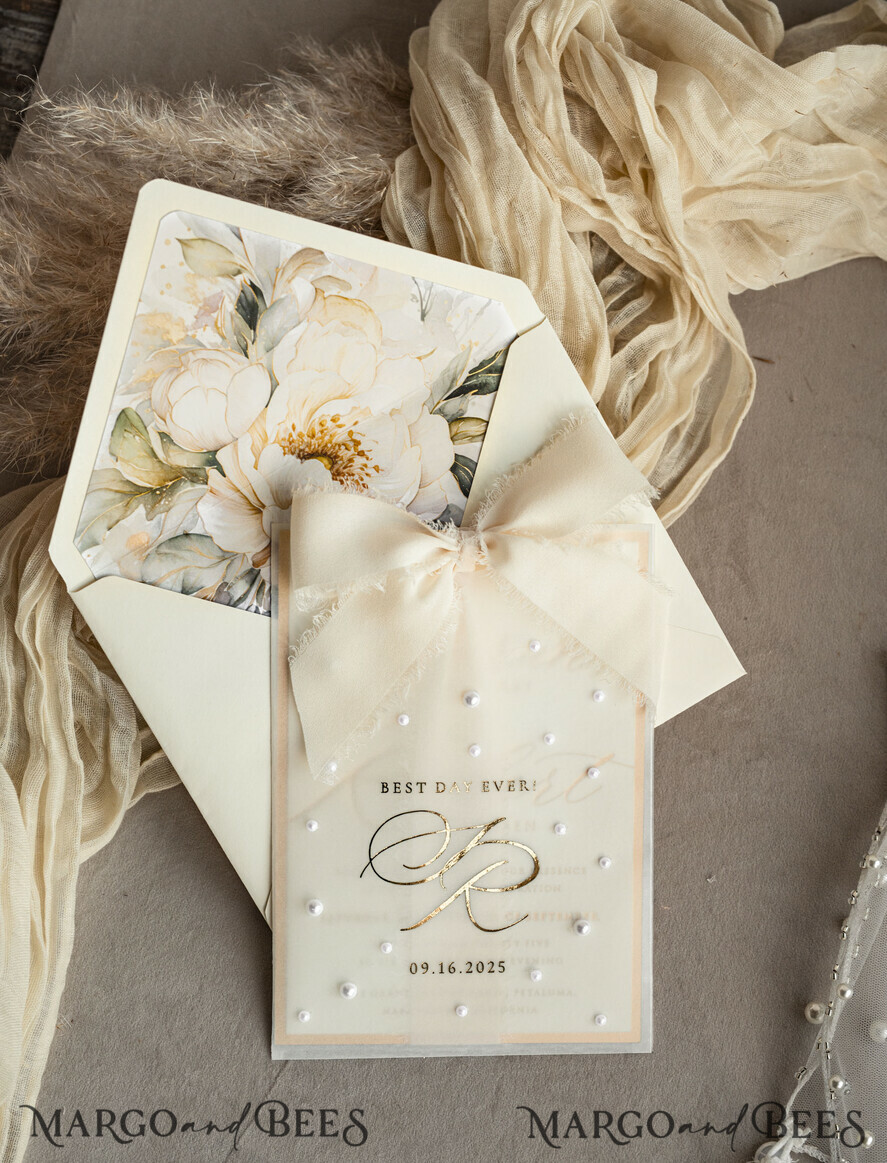WEDDING INVITATIONS gold / rose gold / silver / glitter Ecru Chiffon bow beaded bespoke Elegant Ivory Gold Wedding Invitation Suite, White Perls Golden Wedding Cards, Elegant golden folder Wedding Stationery, Vellum etui with monogram