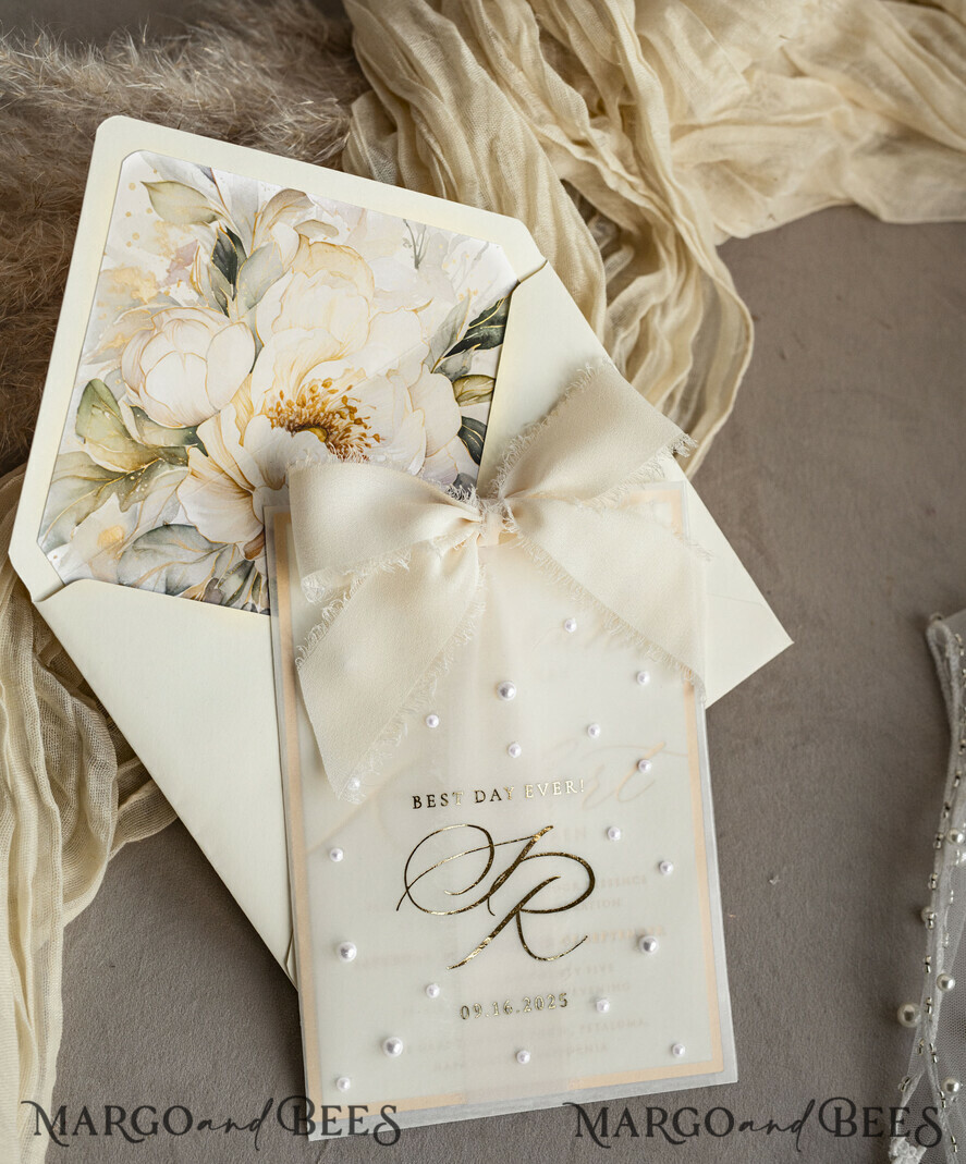 WEDDING INVITATIONS gold / rose gold / silver / glitter Ecru Chiffon bow beaded bespoke Elegant Ivory Gold Wedding Invitation Suite, White Perls Golden Wedding Cards, Elegant golden folder Wedding Stationery, Vellum etui with monogram