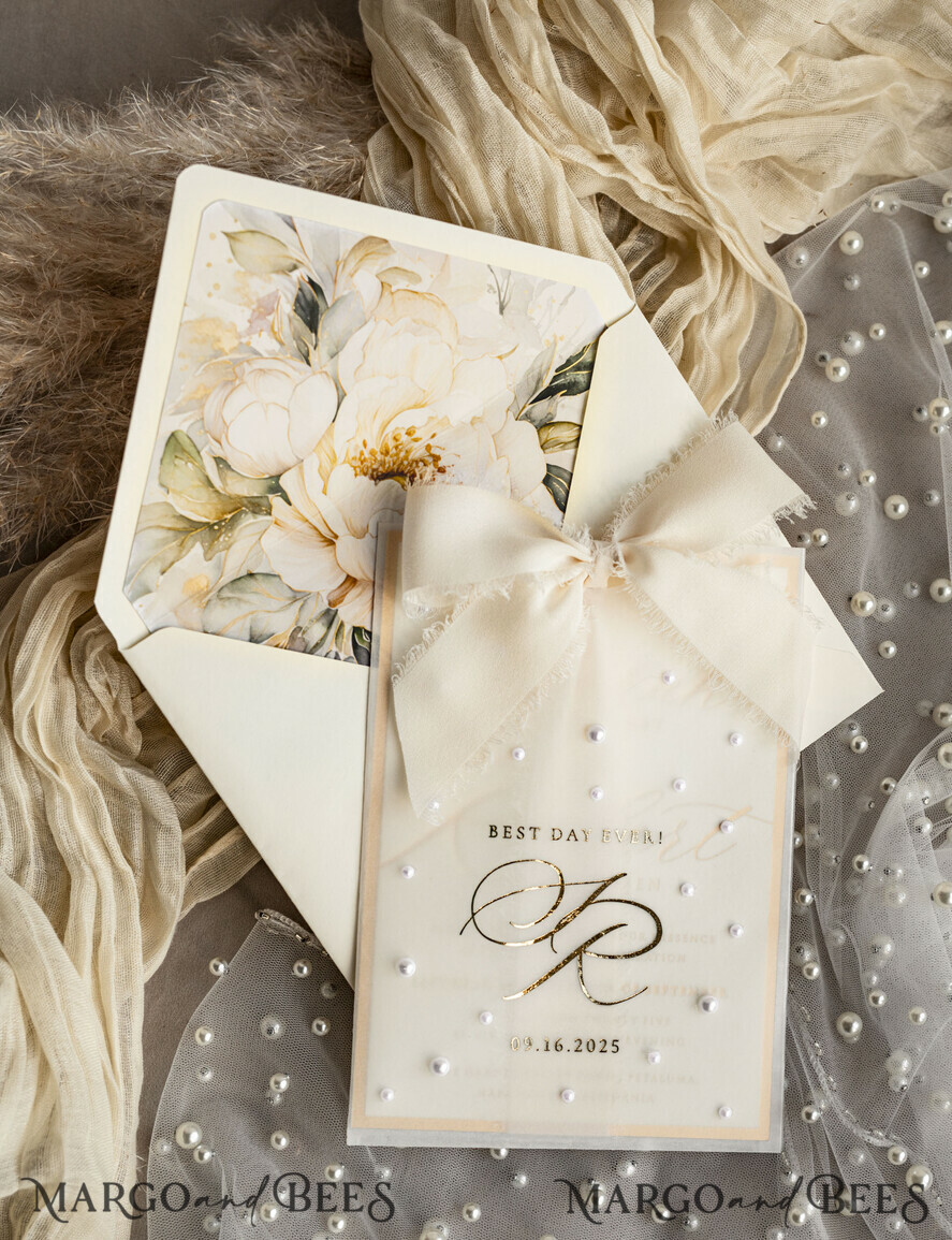 WEDDING INVITATIONS gold / rose gold / silver / glitter Ecru Chiffon bow beaded bespoke Elegant Ivory Gold Wedding Invitation Suite, White Perls Golden Wedding Cards, Elegant golden folder Wedding Stationery, Vellum etui with monogram