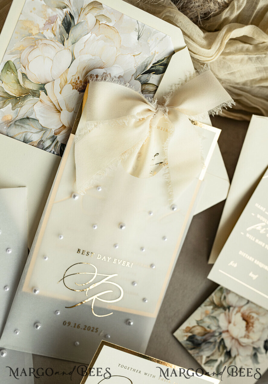 WEDDING INVITATIONS gold / rose gold / silver / glitter Ecru Chiffon bow beaded bespoke Elegant Ivory Gold Wedding Invitation Suite, White Perls Golden Wedding Cards, Elegant golden folder Wedding Stationery, Vellum etui with monogram