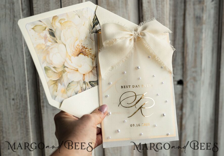 WEDDING INVITATIONS gold / rose gold / silver / glitter Ecru Chiffon bow beaded bespoke Elegant Ivory Gold Wedding Invitation Suite, White Perls Golden Wedding Cards, Elegant golden folder Wedding Stationery, Vellum etui with monogram