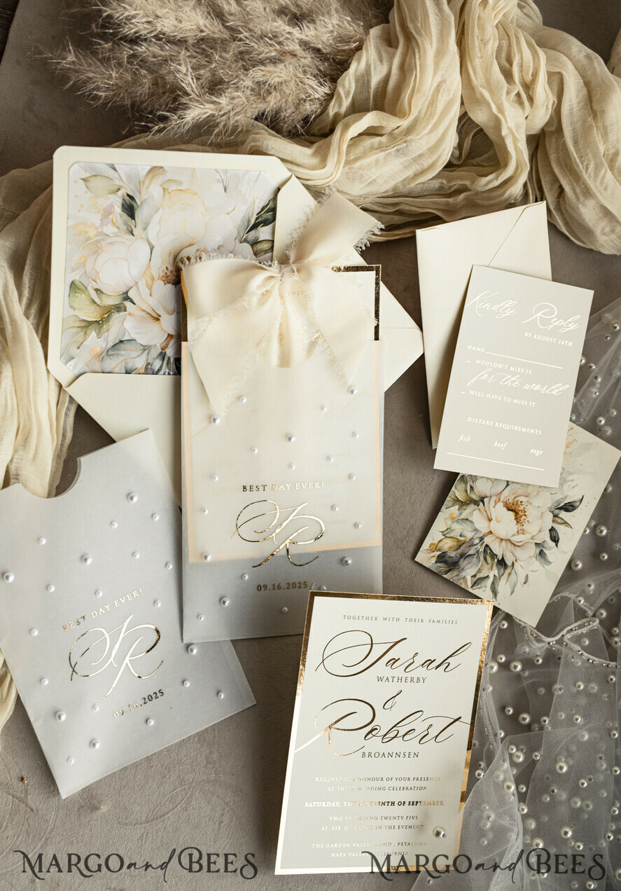 WEDDING INVITATIONS gold / rose gold / silver / glitter Ecru Chiffon bow beaded bespoke Elegant Ivory Gold Wedding Invitation Suite, White Perls Golden Wedding Cards, Elegant golden folder Wedding Stationery, Vellum etui with monogram