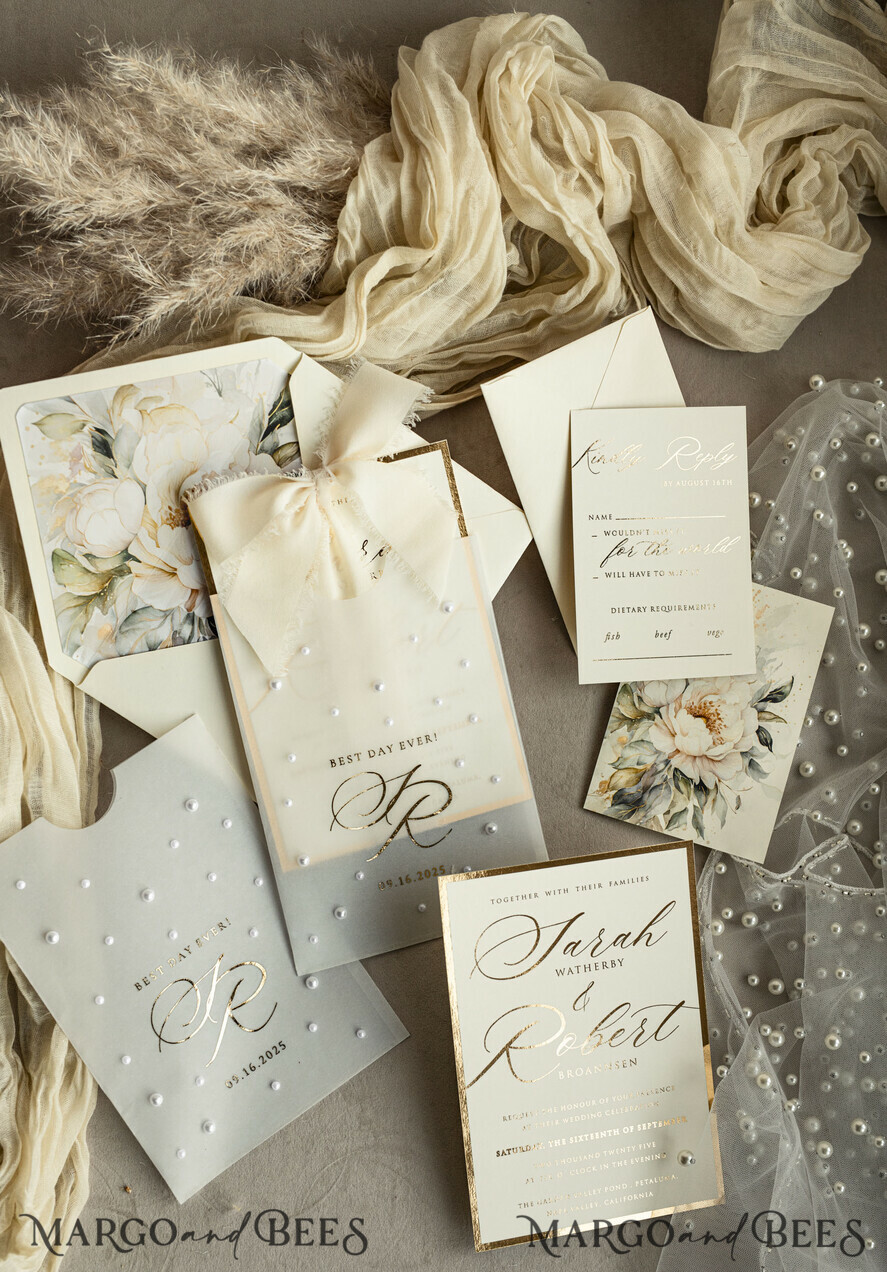 WEDDING INVITATIONS gold / rose gold / silver / glitter Ecru Chiffon bow beaded bespoke Elegant Ivory Gold Wedding Invitation Suite, White Perls Golden Wedding Cards, Elegant golden folder Wedding Stationery, Vellum etui with monogram